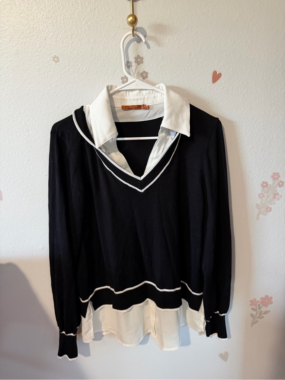 Belldini Black V-Neck Sweater with White Trim and Attached White Collar